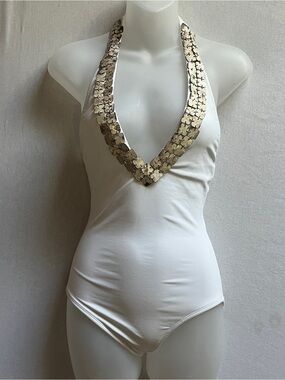 ViX Paula Hermanny Plunging Halter Embellished One Piece Swimsuit Size S